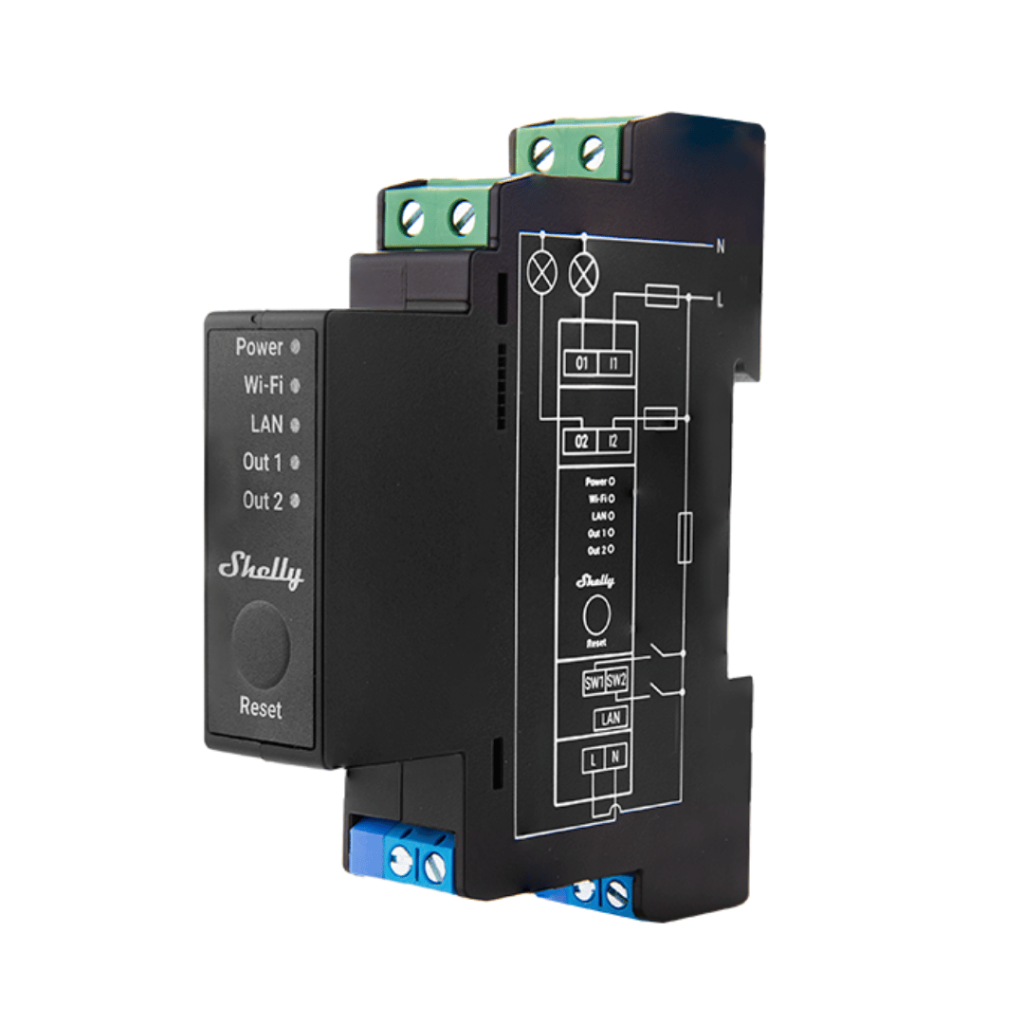 Shelly Pro 2PM relé WiFi 2 canales medición potencia DIN rail