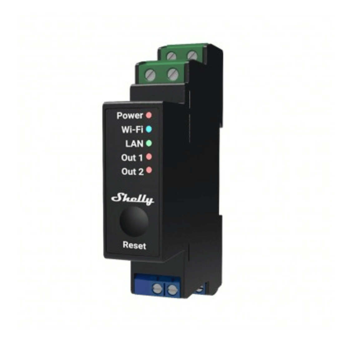 Shelly Pro 2PM frontal indicadores LED estado WiFi relé