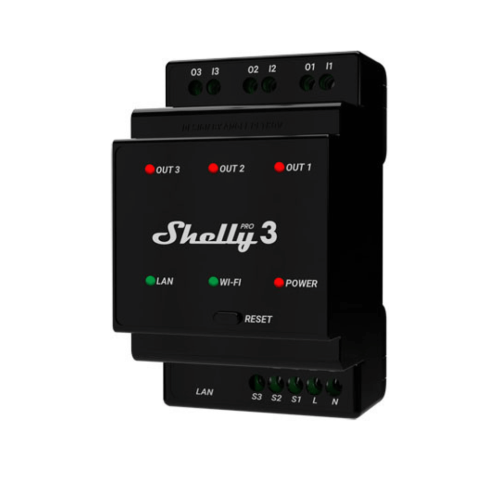 Shelly Pro 3 relé WiFi 3 canales DIN rail Ethernet profesional