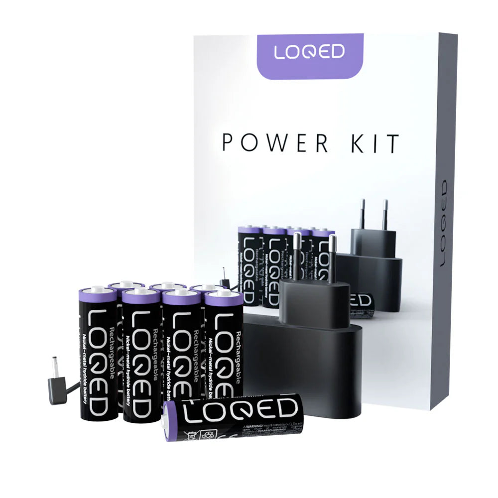 LOQED Power Kit con 8 pilas AA recargables, cable 3m y adaptador para cerradura inteligente