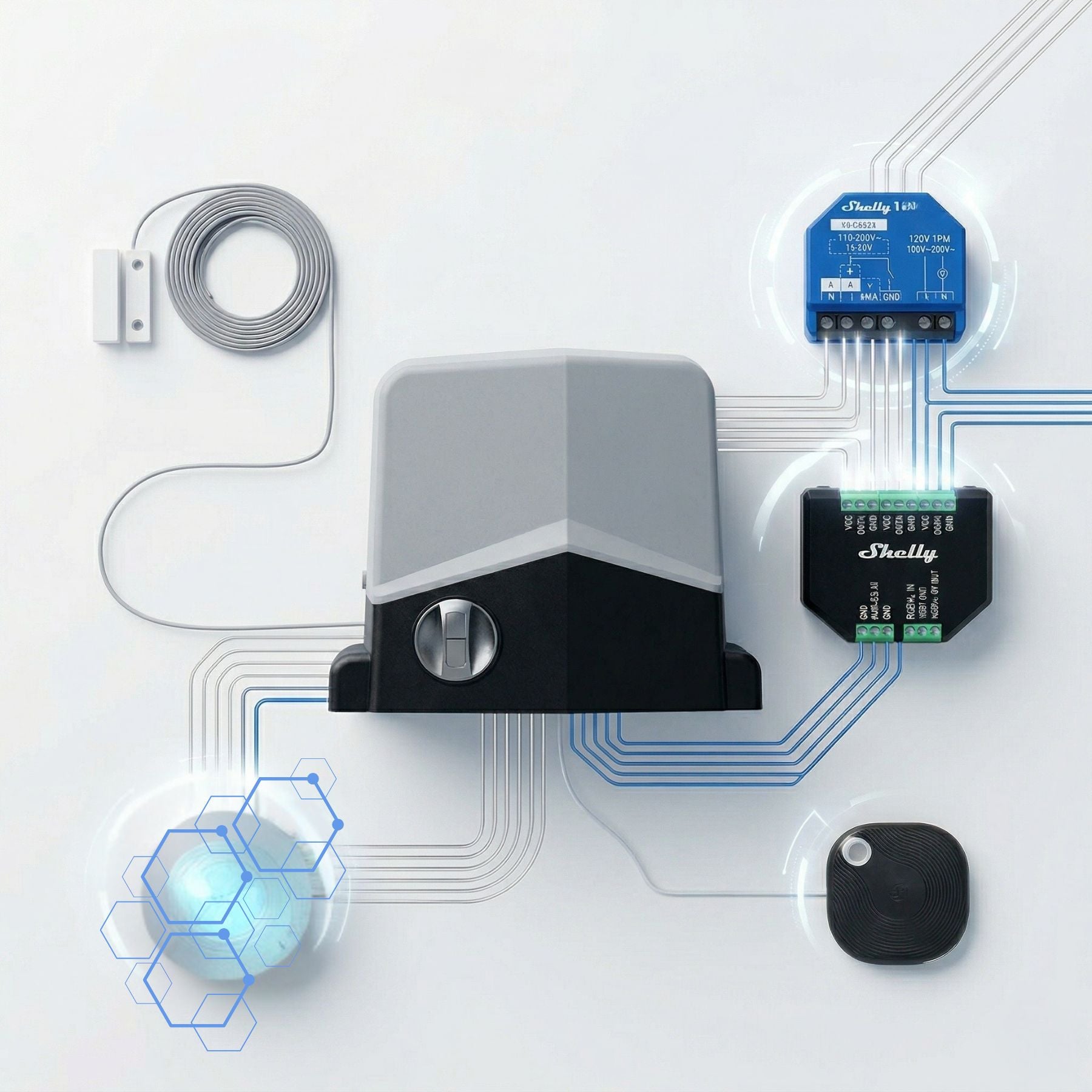 Pack motor KANE-8 con mandos y Shelly 1 Gen3 automatización WiFi puerta