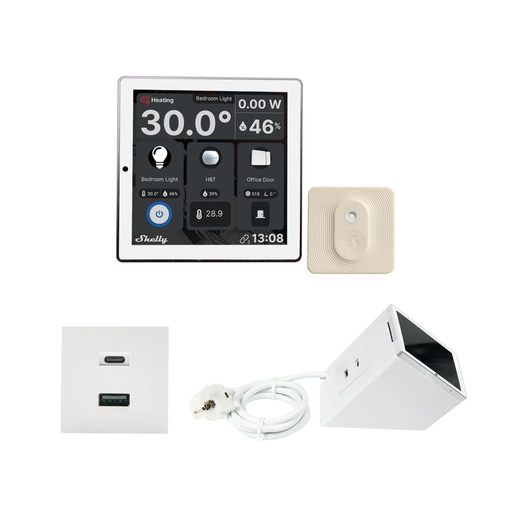Pack Shelly Wall Display blanco con BLU H&T, stand y USB Charger