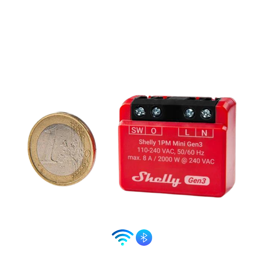Tamaño Shelly 1PM Mini Gen3 junto a moneda euro de referencia