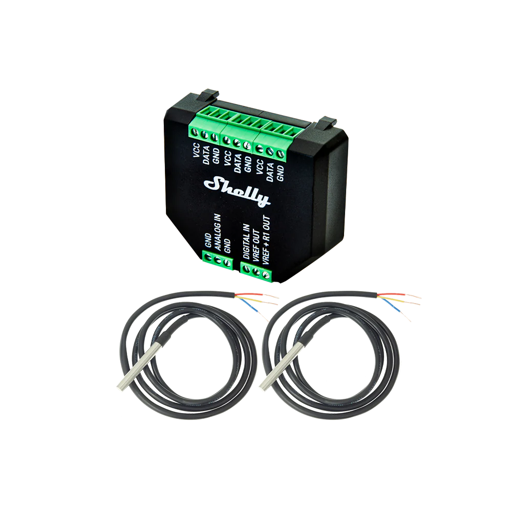 Shelly Plus Add-On — Especificaciones técnicas: 1-Wire DS18B20, entrada analógica 0-10V