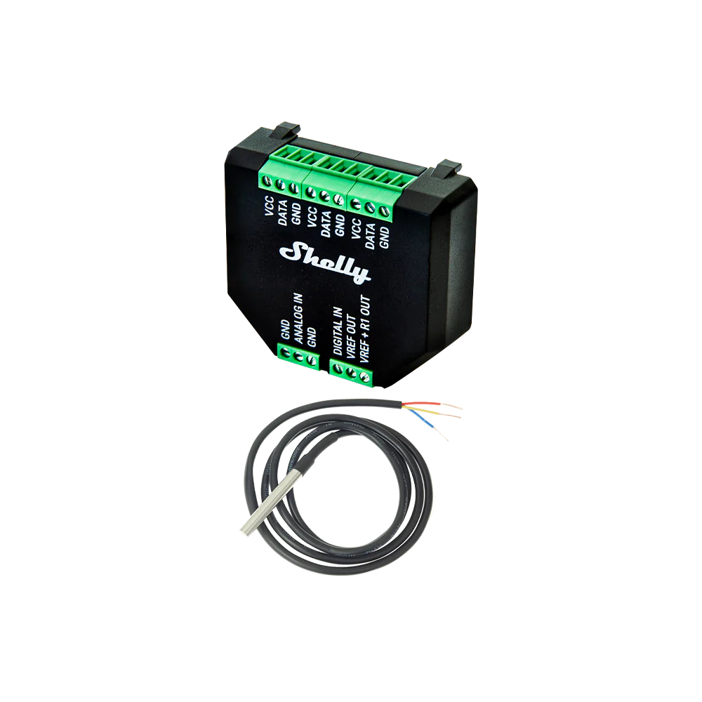 Shelly Plus Add-On — Diagrama de conexión con sonda DS18B20 y relé Shelly Plus