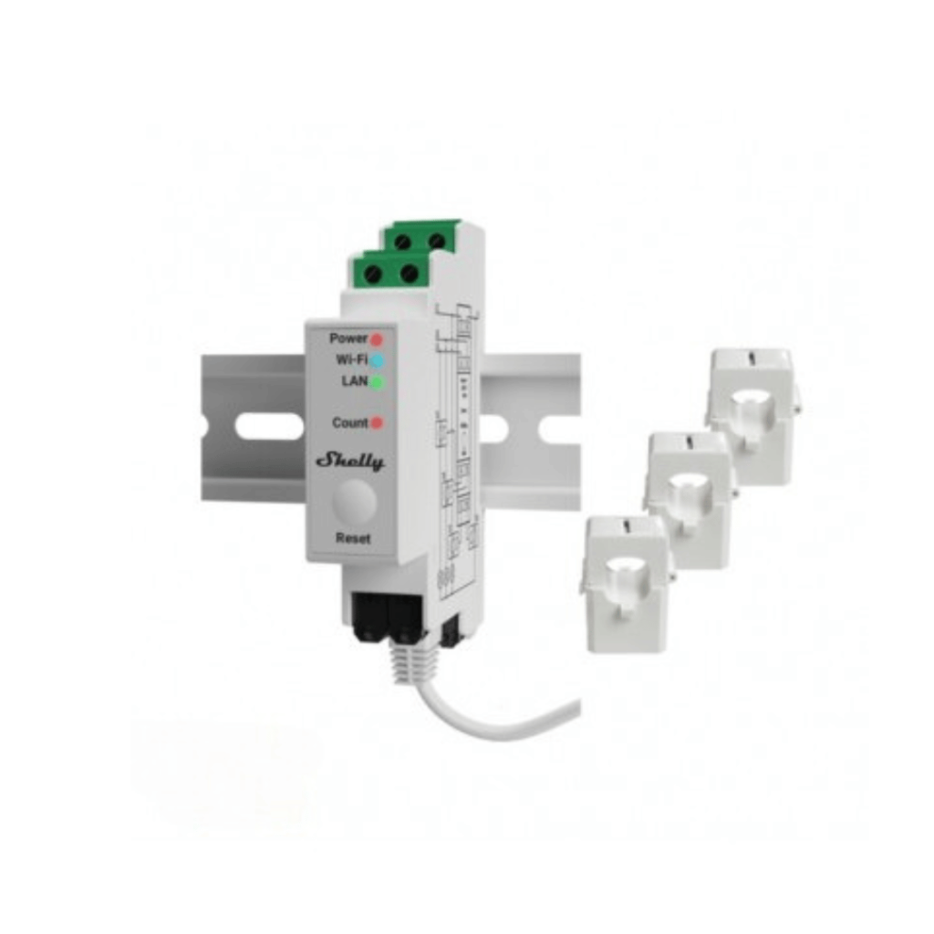 Shelly Pro 3EM 120A contador trifásico DIN rail WiFi Ethernet