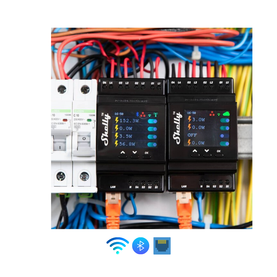 Shelly Pro 4PM v2 conectado cable Ethernet carril DIN
