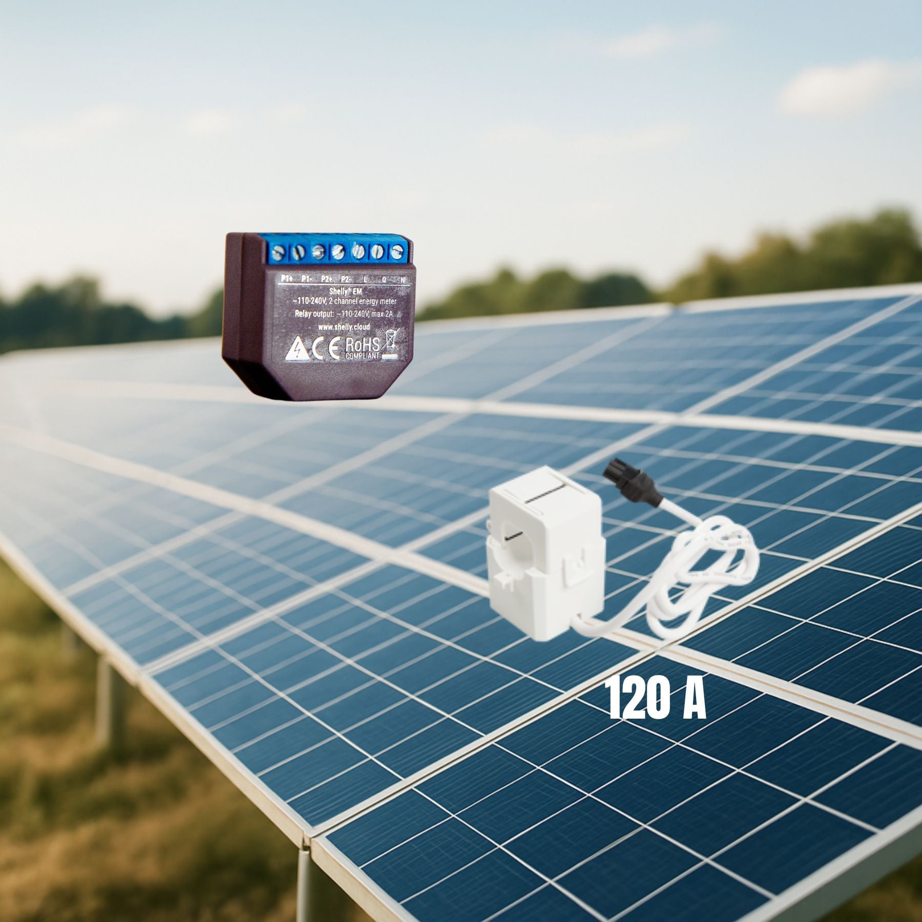 Shelly EM + Pinza 120A — Medidor de energía Wi-Fi para cuadro eléctrico