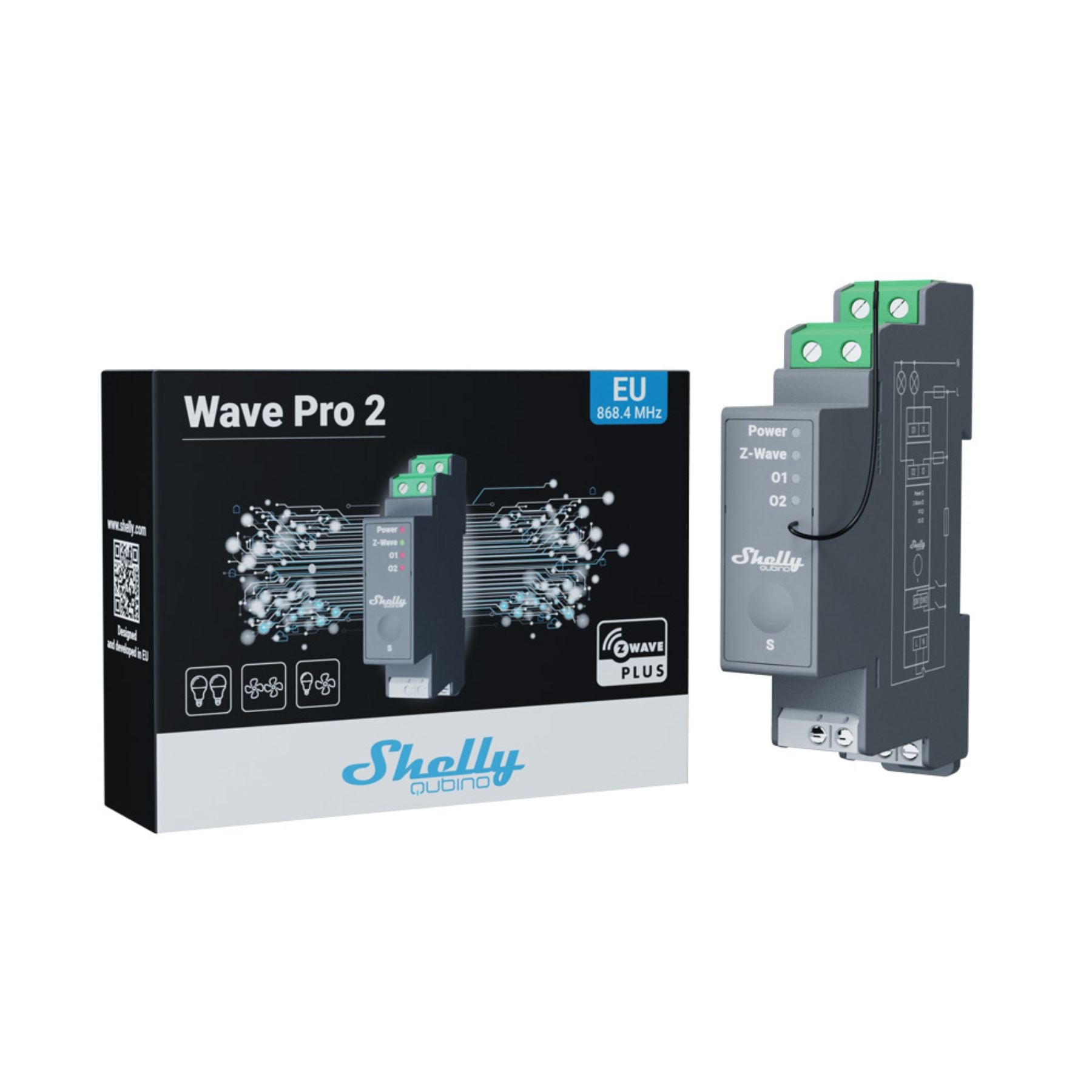 Shelly Wave Pro 2 relé Z-Wave doble canal carril DIN 25A