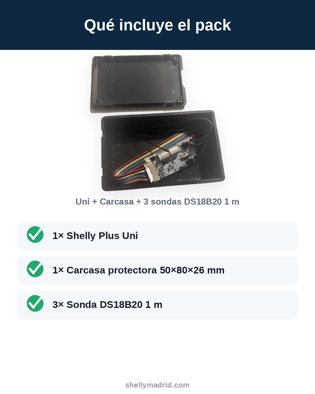 Contenido del pack: Shelly Plus Uni, carcasa y 3 sondas DS18B20