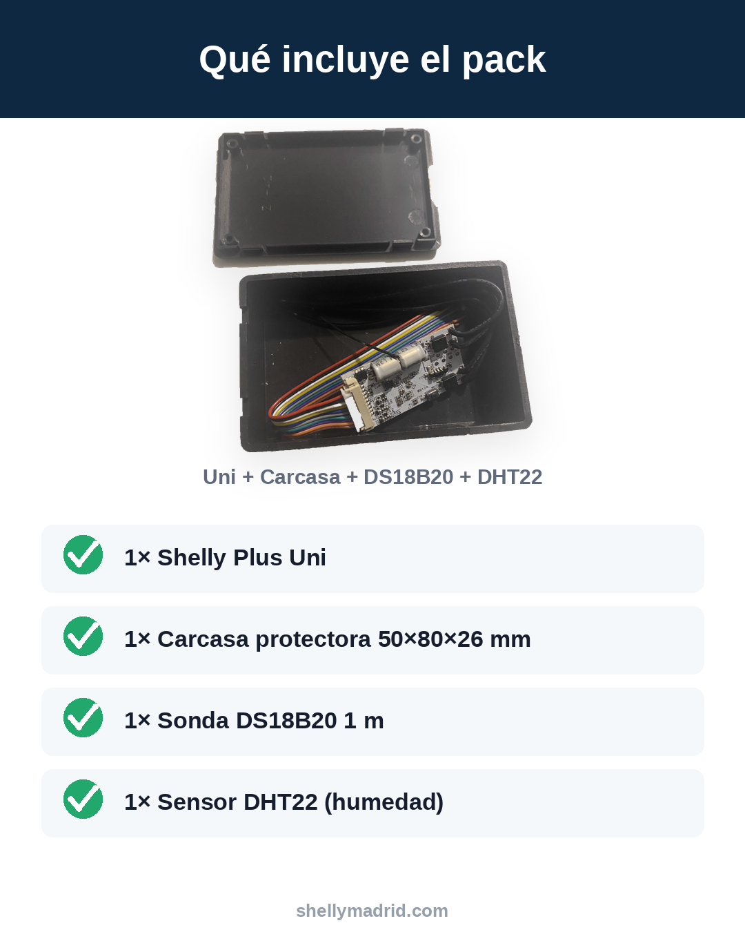Contenido del pack: Shelly Plus Uni, carcasa, sonda DS18B20 y sensor DHT22