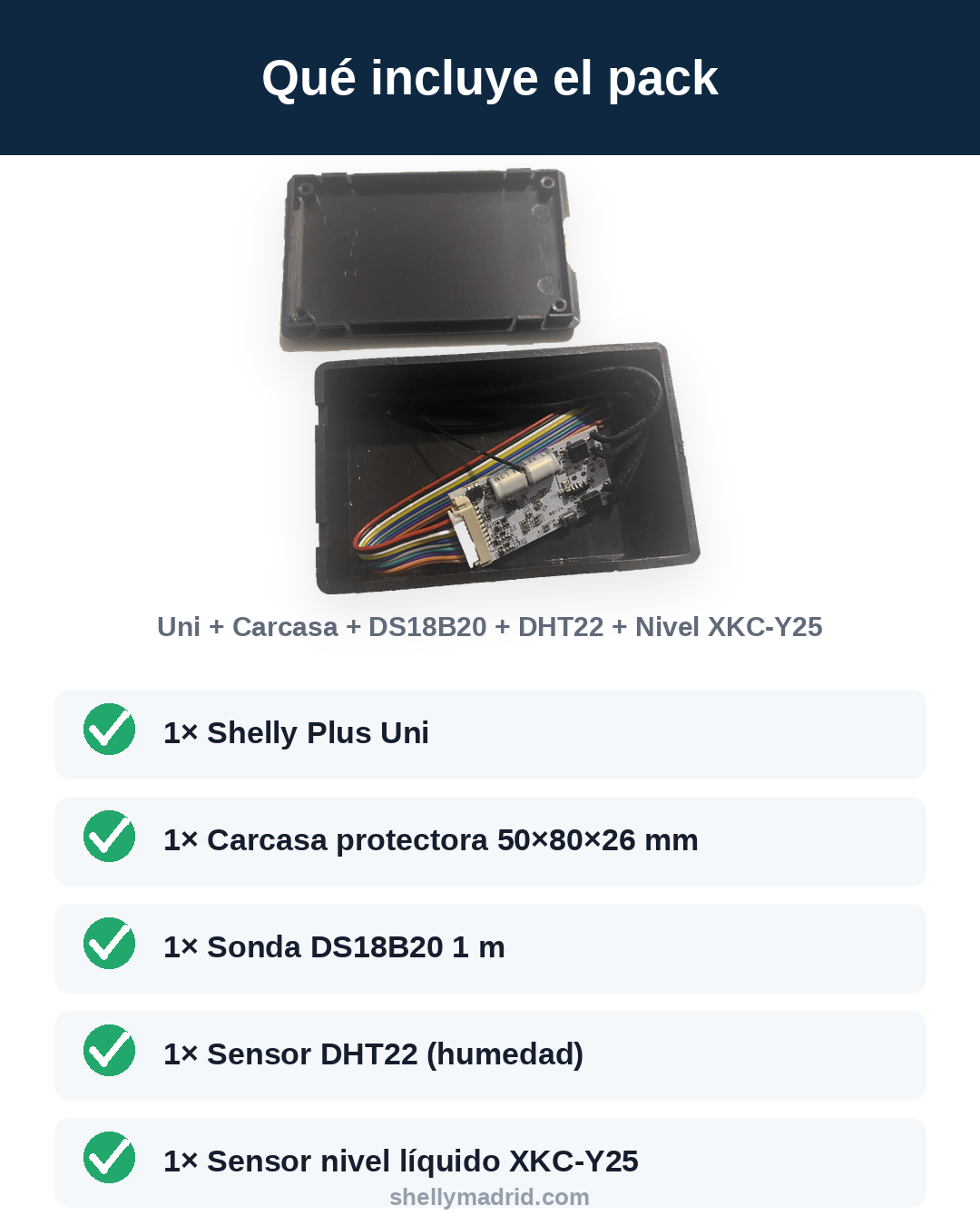 Contenido del pack: Shelly Plus Uni, carcasa, DS18B20, DHT22 y sensor de nivel XKC-Y25