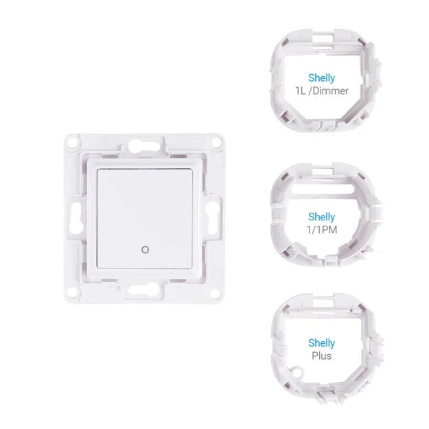 Pulsador Shelly Wall Switch 1 con su marco montado en la caja de mecanismo